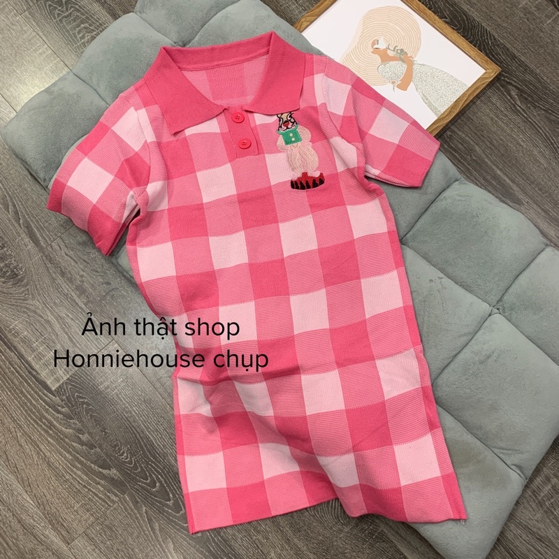 Đầm Váy Len Mùa Thu Nữ Có Cổ, Váy Polo Kẻ Caro Hồng Thỏ Dễ Thương