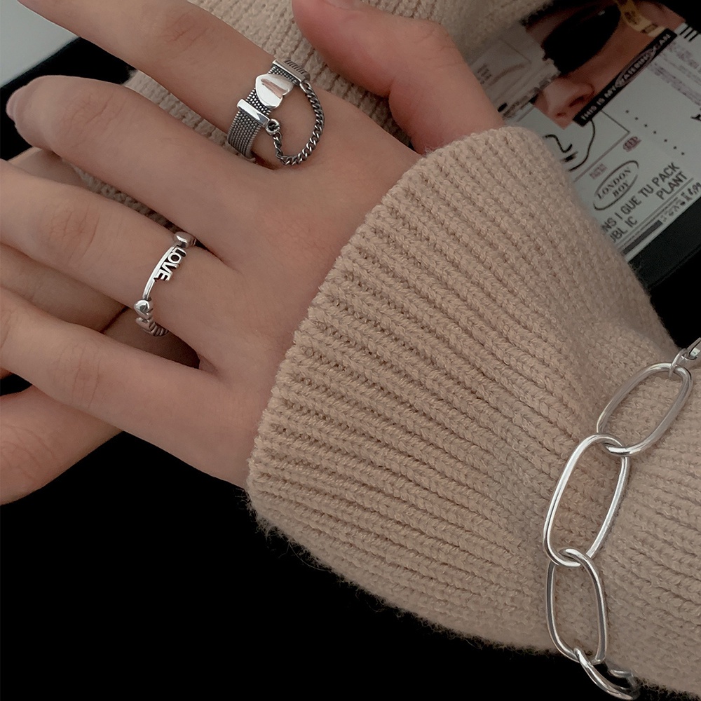 Bộ 5 Nhẫn Dạng Mở Phối Dây Xích Và Trái Tim Có Thể Điều Chỉnh Thời Trang Cho Nữ