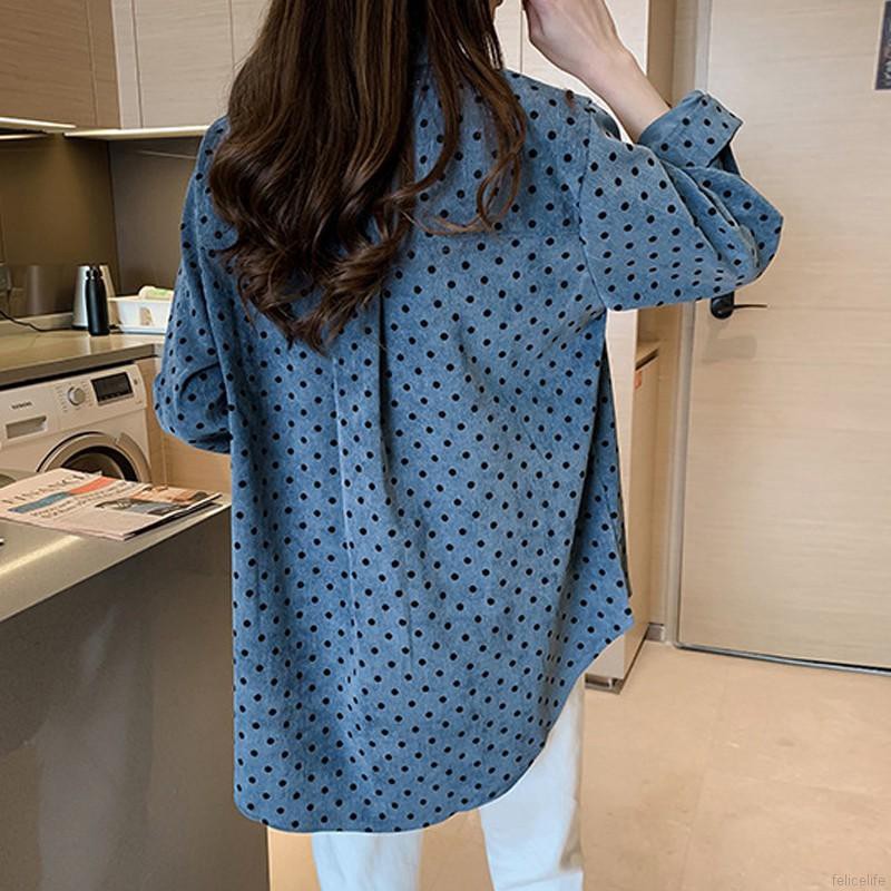 Áo Sơ Mi Tay Dài Họa Tiết Chấm Bi Vintage Cho Nữ