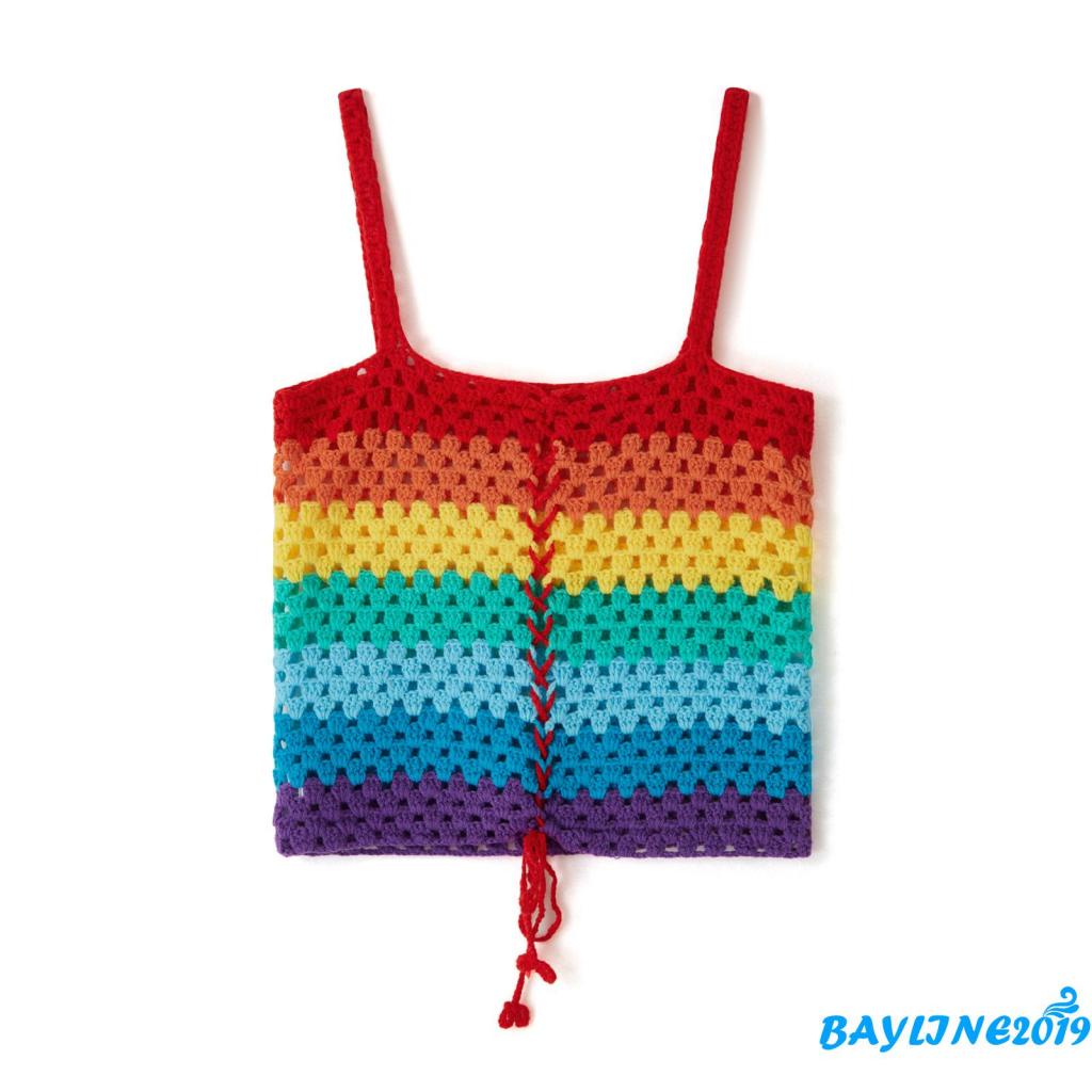 Áo Tank Top Đan Móc Thủ Công Hai Dây Màu Sắc Tương Phản Thời Trang Mùa Hè Cho Nữ