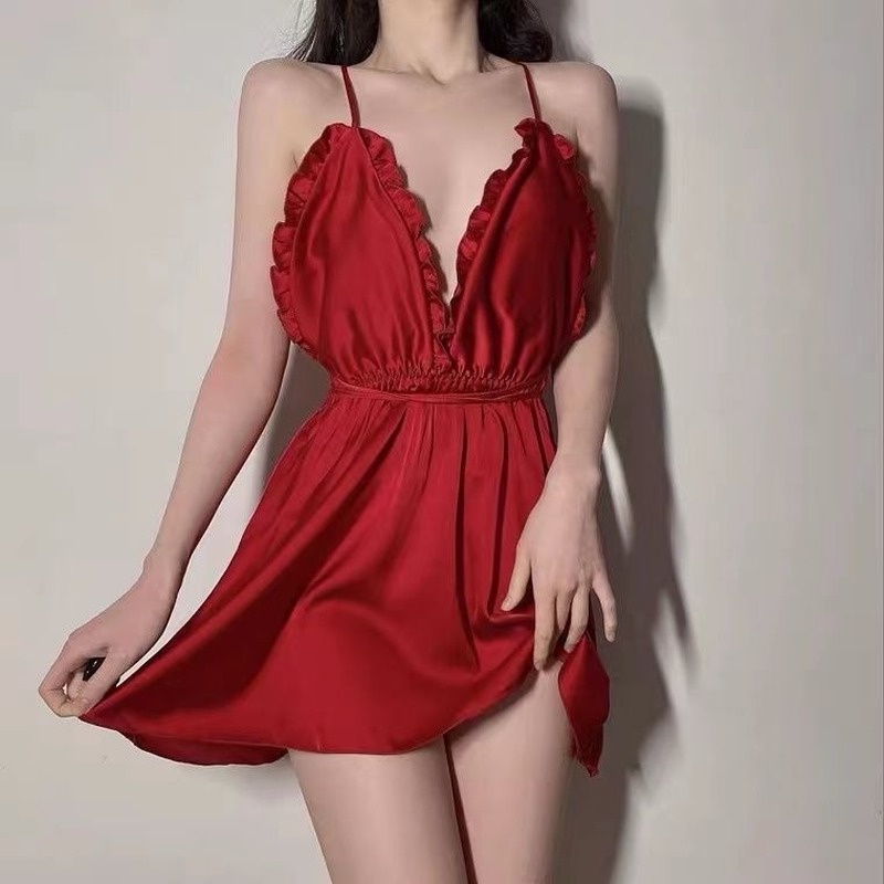 Đầm Ngủ Hai Dây Cổ Chữ V Vải Lụa Kem Màu Kem Trơn Gợi Cảm Phong Cách Pháp Gợi Cảm