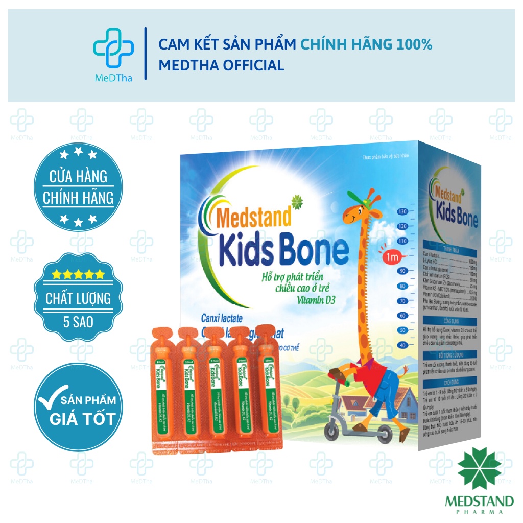 MEDSTAND KIDS BONE - Hỗ trợ phát triển chiều cao ở trẻ, bổ sung Canxi và Vitamin D3 (Hộp 20 ống) [Chính Hãng]