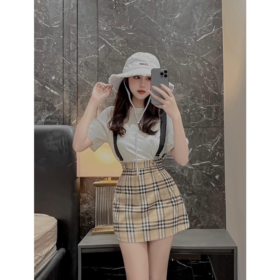 Váy Yếm kẻ caro mix Áo phông trắng P/cHàn Quốc phù hợp mặc đôi với bạn thân
