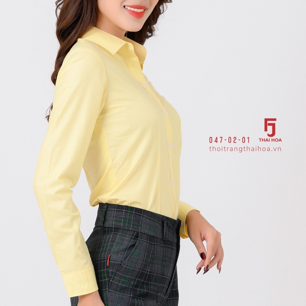 Áo sơ mi công sở nữ dài tay - Xưởng may Thái Hòa - (047) Chất liệu cotton thoáng mát, thấm hút mồ hôi
