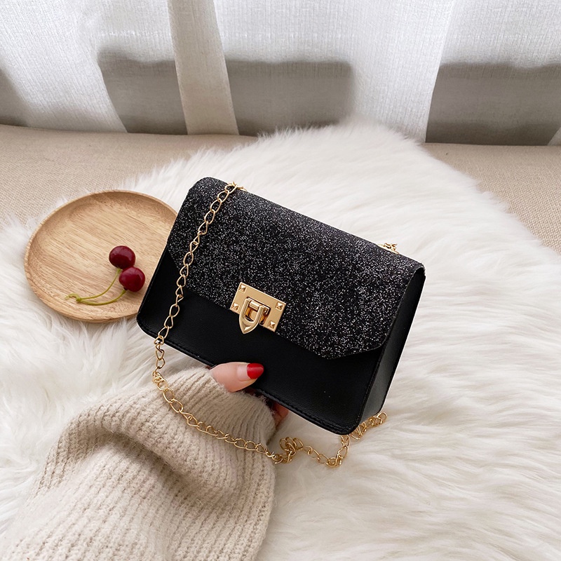 Túi Xách Mini Dáng Vuông Đính Kim Sa Phối Dây Xích Thời Trang Cho Nữ