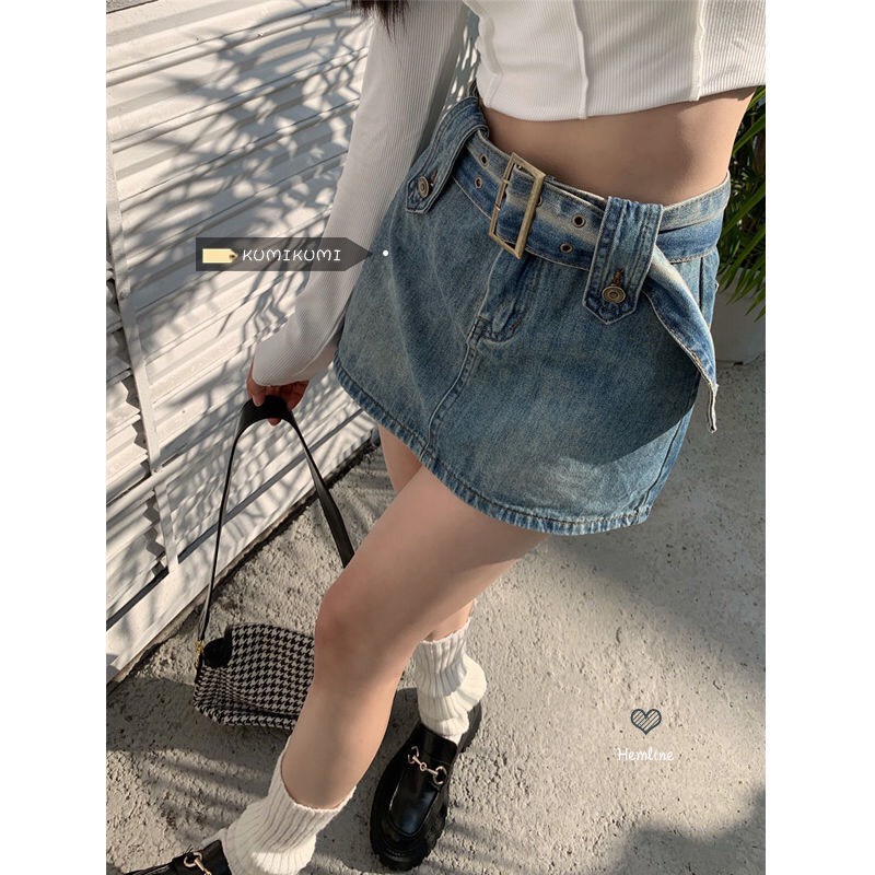 Chân váy jean denim cạp cao phong cách retro có quần lót trong