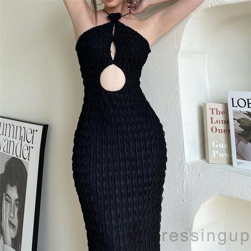 DRE-Women´s Modified Cheongsam Long Dress,Solid Color Floral Decoration Halter Neck Off Shoulder Cutout Dress