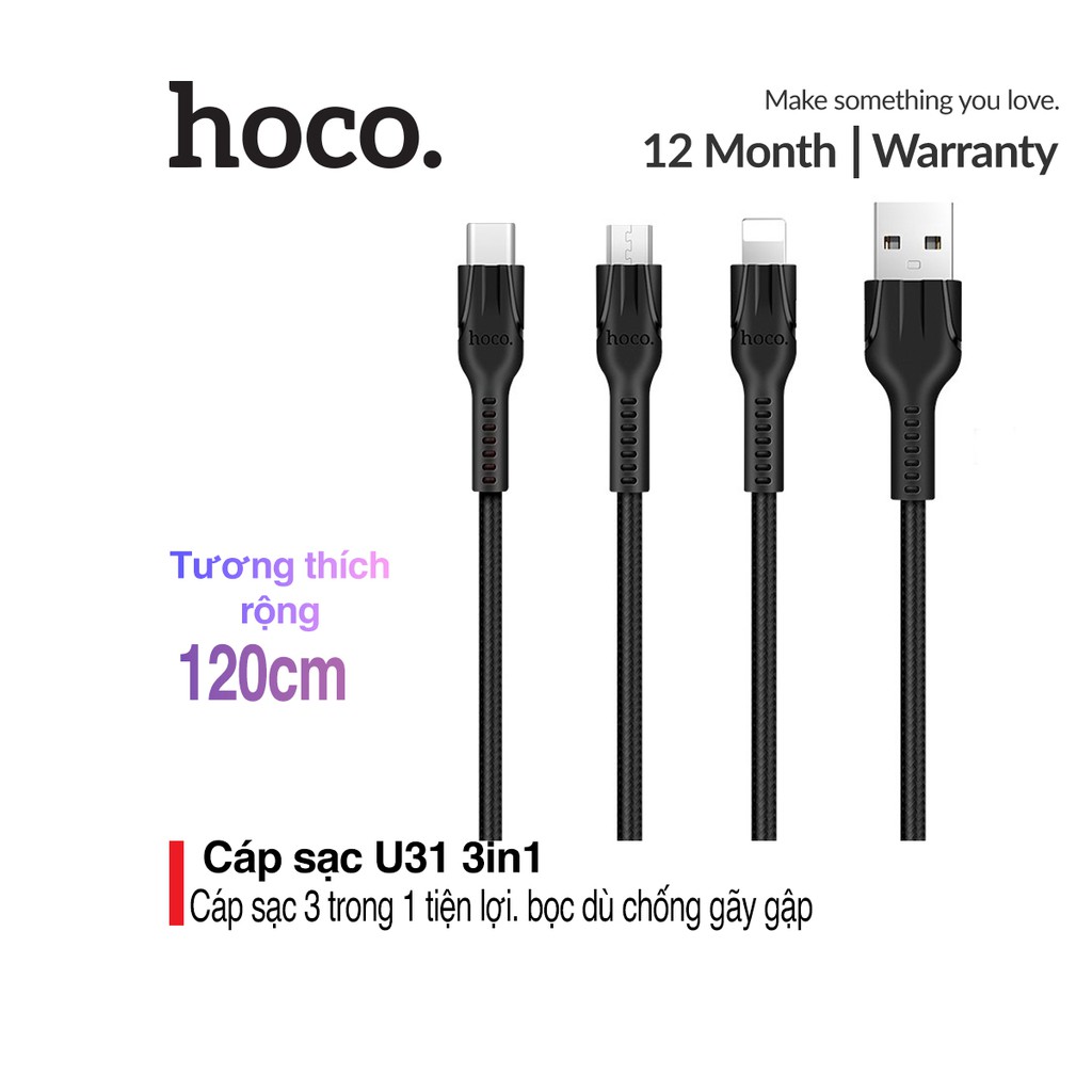 Cáp sạc Hoco U31 3 in 1 (Lightning+Micro+Type-C) tương thích tất cả các các dòng điện thoại dài 1.2m