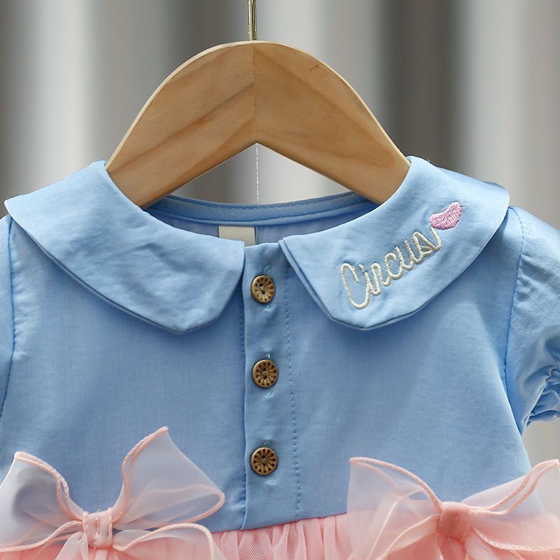 Đầm lưới   tay ngắn cổ búp bê thắt nơ eo thêu họa tiết xinh xắn dành cho bé gái 0-4 tuổi