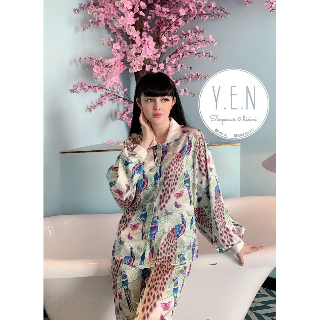 Bộ đồ ngủ mặc nhà LyLy dài tay lụa satin kiểu pijama hoạt tiết L133