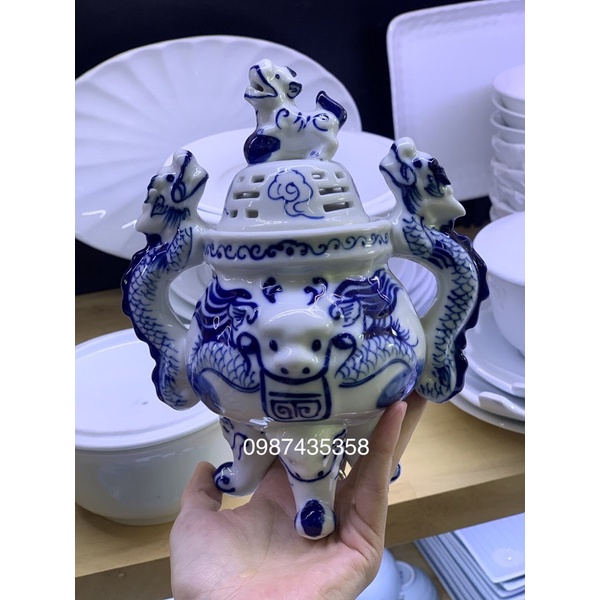 Đèn dầu men lam phụ kiện đồ thờ gốm sứ Bát Tràng