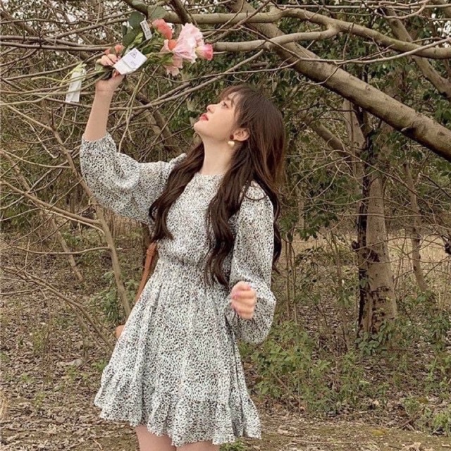 Váy đầm babydol báo xanh tay bồng đuôi cá chun eo siêu xinh l1 yy pl lina