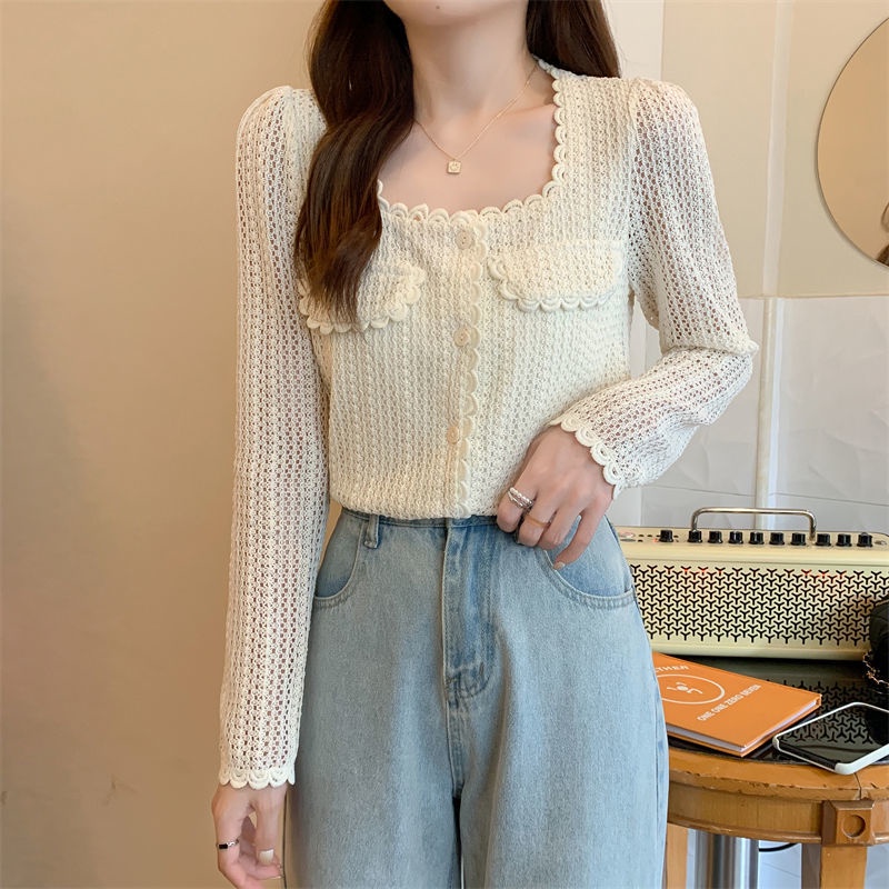 Áo Ren Cổ Vuông Tay Dài Phong Cách Hàn Quốc