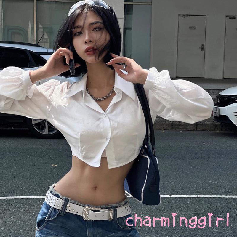 Áo Croptop Tay Dài Màu Trắng Thời Trang Xuân Thu Cho Nữ