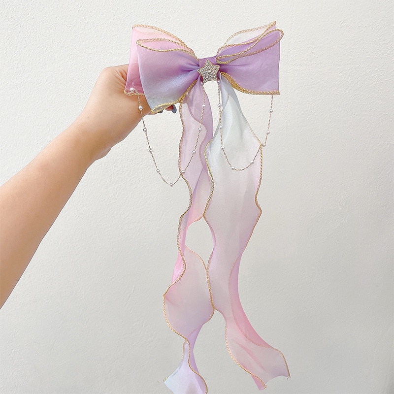 Kẹp tóc hình nơ vải lưới phối dây ruy băng kiểu Nhật Bản Hàn Quốc thời trang mùa hè cho nữ