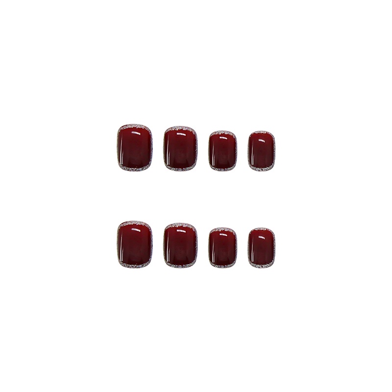 [Hàng mới về] Set 24 móng tay giả màu đỏ rượu vang bạc kèm keo dán