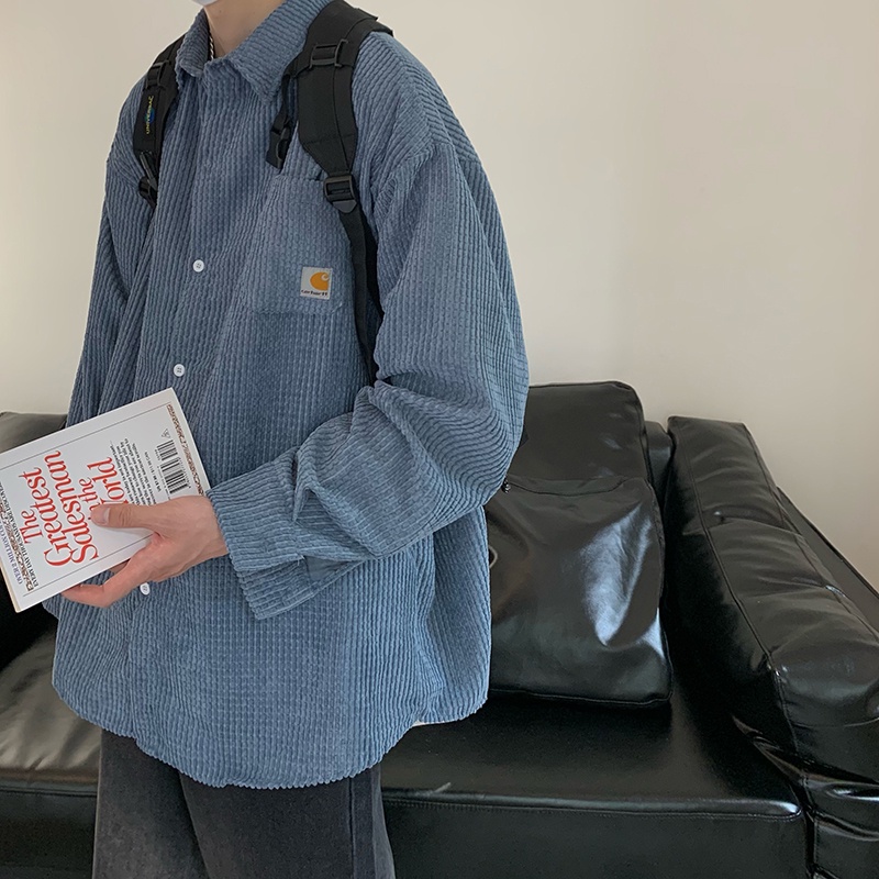 ♞AFF LIGA♞ Áo Khoác Sơ Mi Tay Dài Dáng Rộng Vải Nhung Thời Trang Mùa Thu Hàn Quốc Cho Nam