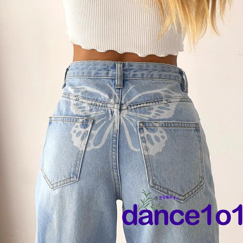 Quần Jean Dài Lưng Cao Ống Đứng In Hình Bướm Thời Trang Cho Nữ