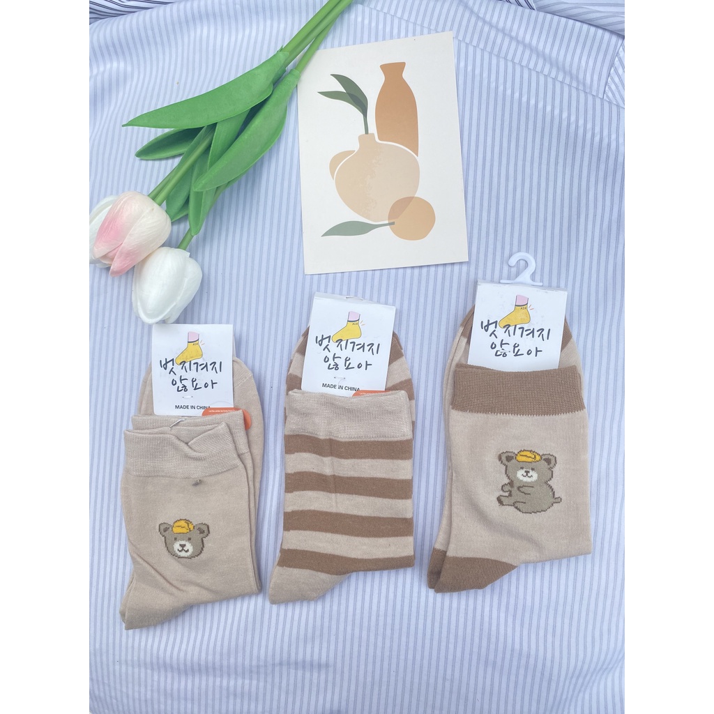 Tất gấu Muzini tất cổ cao tone nâu nhiều hình phong cách Hàn Quốc cute TN214