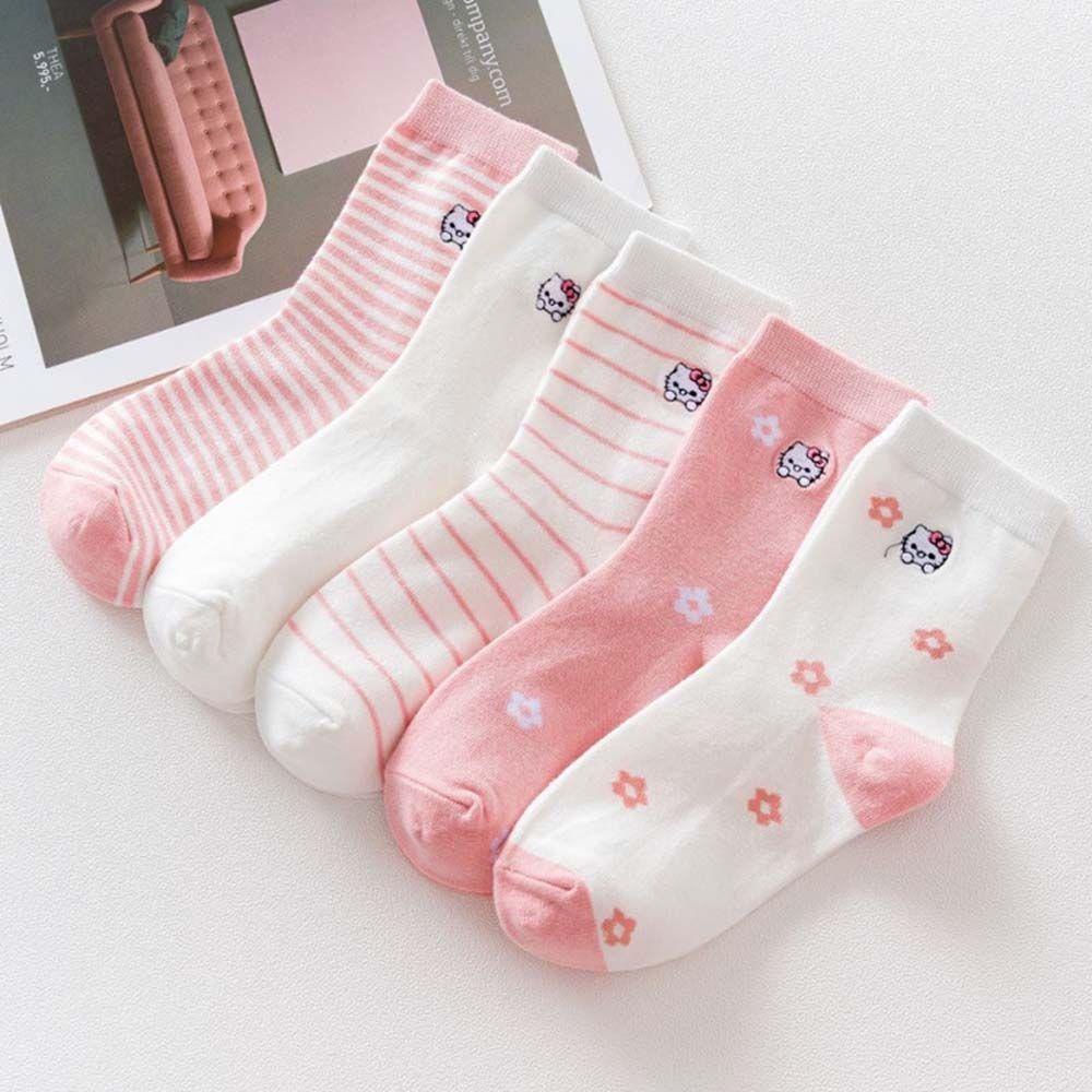 Mocho Vớ Cotton Ống Lửng Vừa Họa Tiết Mèo Kitty Và Hoa Ngọt Ngào Thoải Mái Cho Nữ