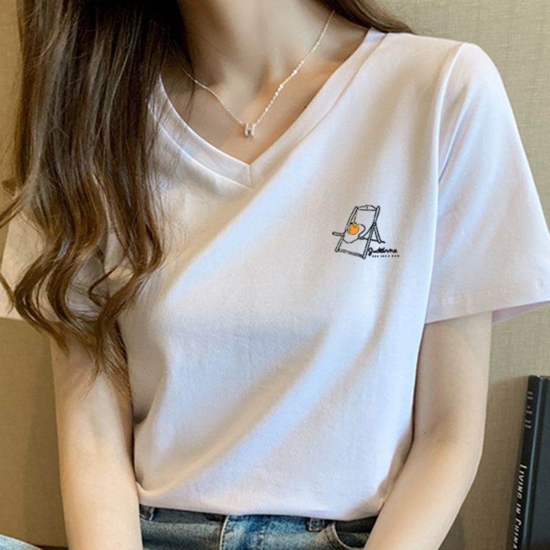 Cotton Summer V-neck Short-sleeved T-shirt Women's New Loose White Printing Bottoming Top