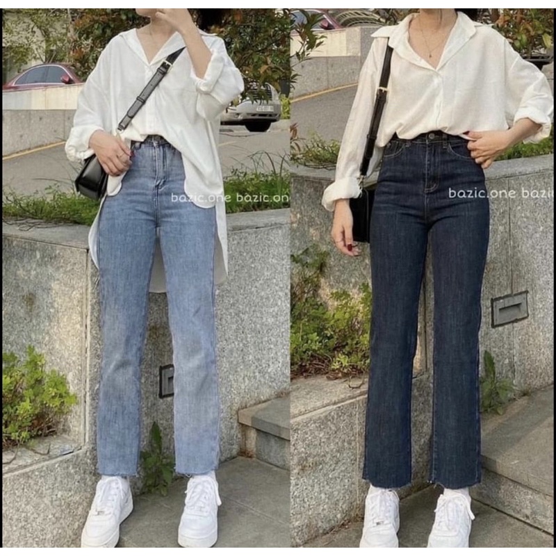 Quần jeans ống đứng trơn tua gấu nữ
