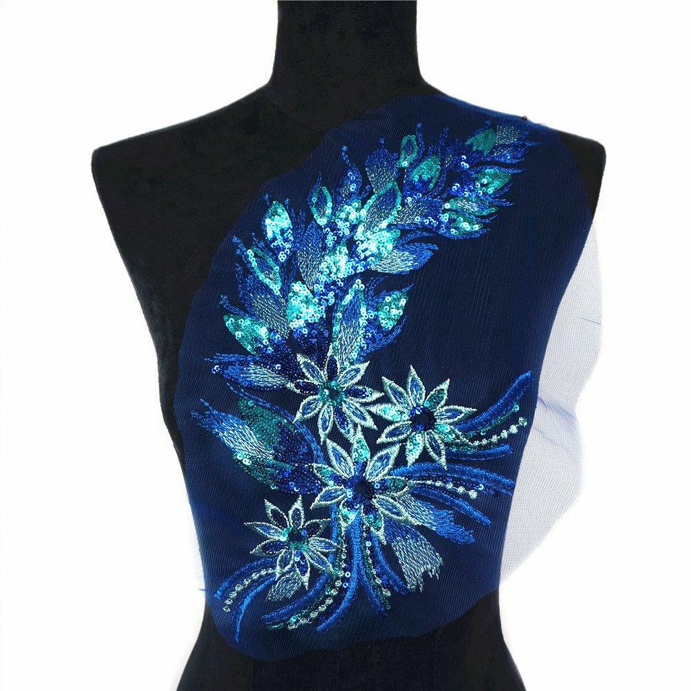 Màu Xanh Thêu Sequin Hoa Ren Đính Lưới Viền May Vải Cổ Miếng Dán Họa Tiết Váy Cưới Cô Dâu DIY Thủ Công