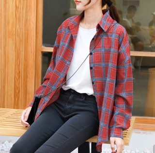 Áo sơmi Oversize Caro vàng, đỏ xẻ tà (ảnh thật)