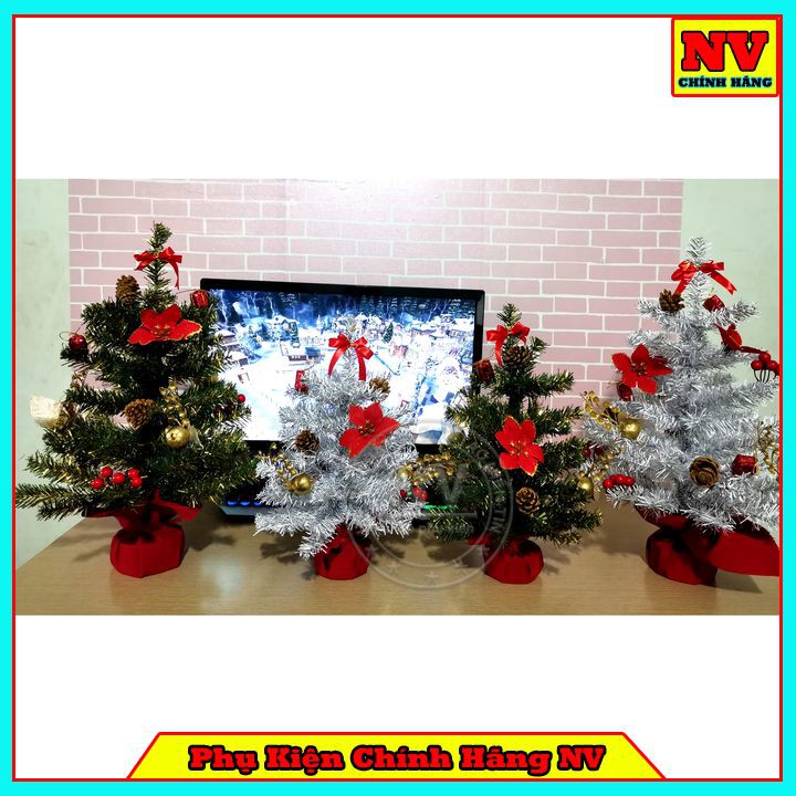 Cây Thông Noel Để Bàn Màu Trắng Và Xanh Đế Nhựa Bọc Vải Đỏ