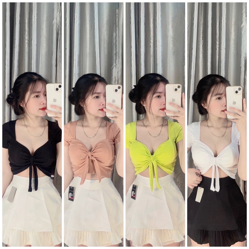 🌱ÁO CROPTOP TAY NGẮN THẮT NƠ NGỰC HÀNG CHUẨN, ĐẸP CÓ MÚT VẢI BORIP CAO CẤP 🌱Chizishop