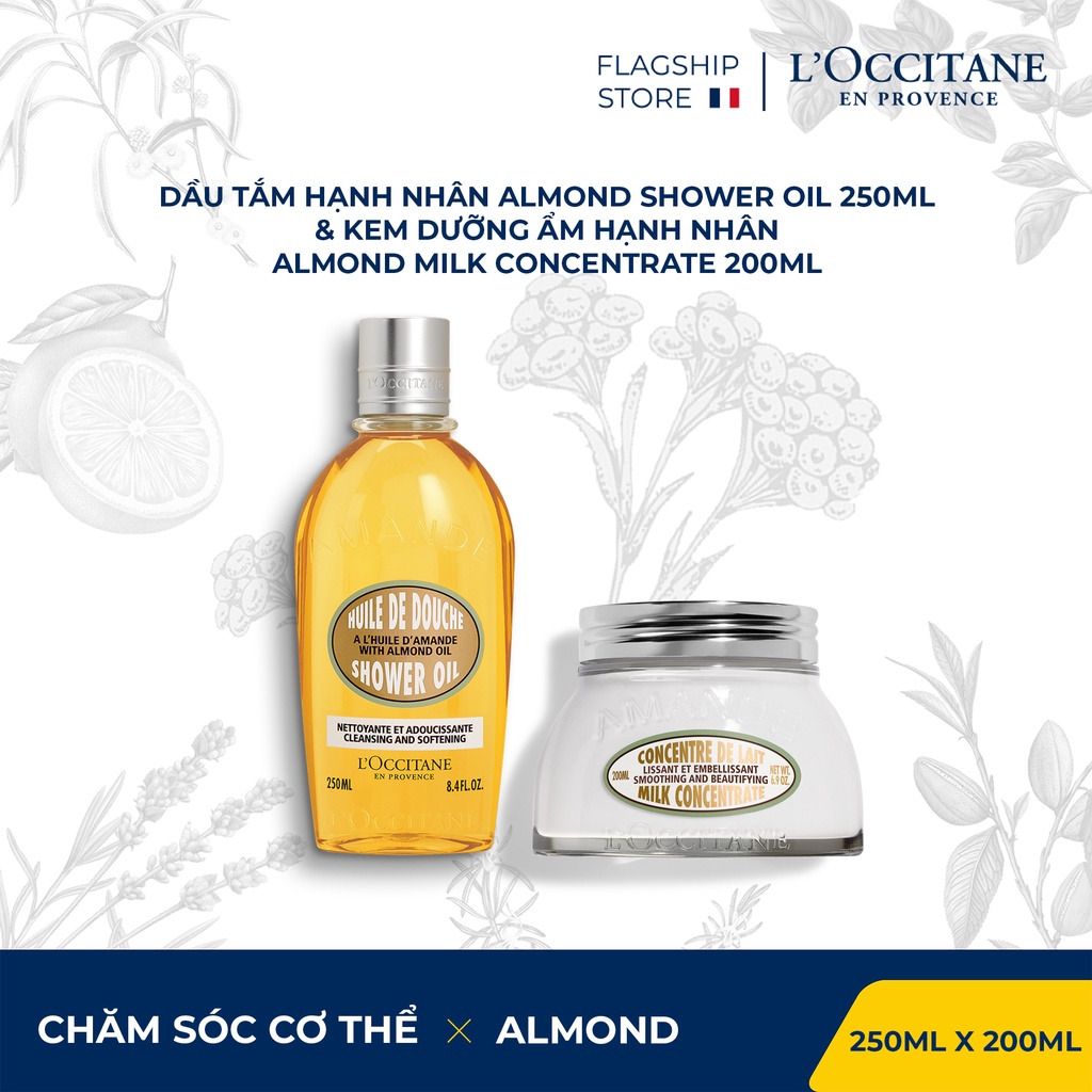 Bộ Dầu tắm Almond shower oil 250ml và Dưỡng ẩm cơ thể hạnh nhân Almond Milk Concentrate 200ml L'Occitane