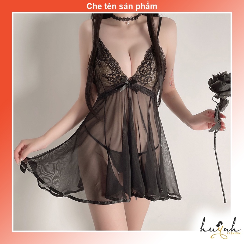 Đầm ngủ hai dây voan phối ren ngực sexy gợi cảm - N55