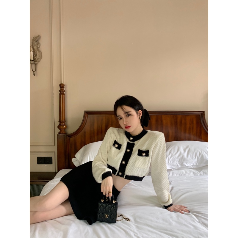 Áo Khoác cardigan Dệt Kim Dáng Ngắn Tay Dài Ghép Nối Màu Sắc Tương Phản Kiểu Pháp Thời Trang