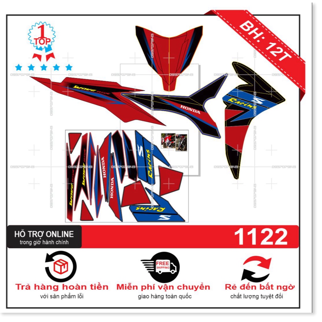 ( Quí khách vui lòng mang ra tiệm cho thợ dán ) Tem wave rsx 2012 racing chế đỏ đen