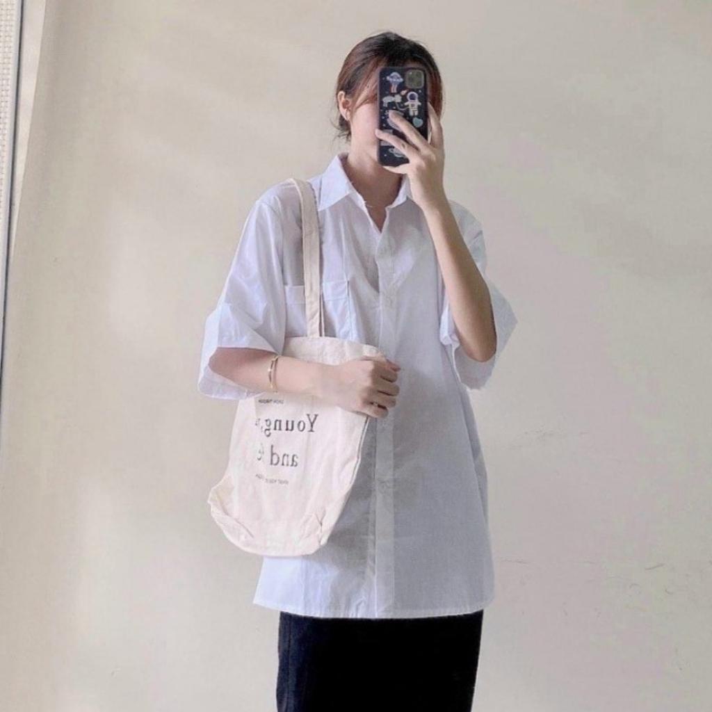 Áo sơ mi học sinh tay lỡ form rộng Xquin, Áo sơ mi cổ trụ phối túi đi học cực xinh