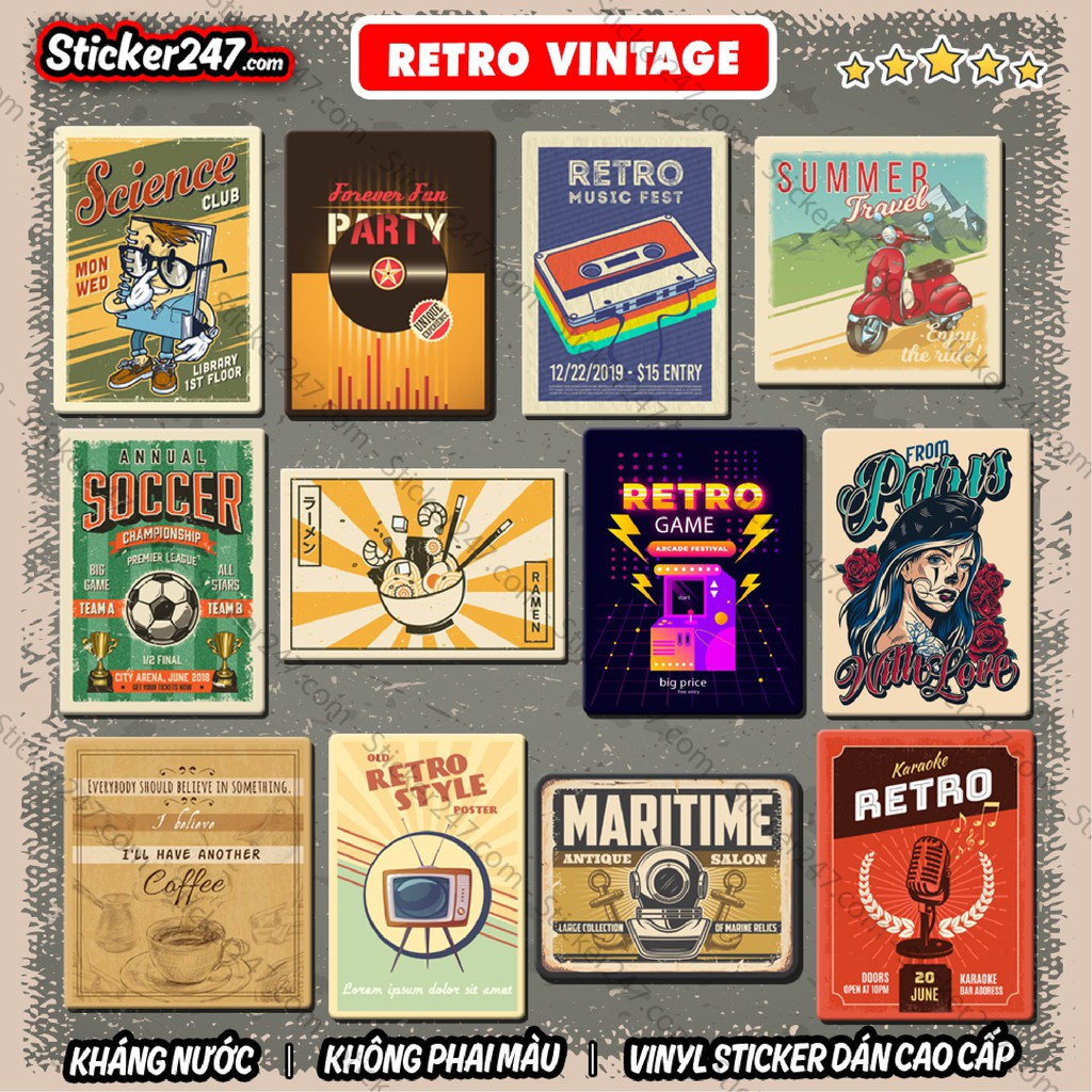 Sticker Vintage Retro 𝑭𝒓𝒆𝒆𝒔𝒉𝒊𝒑 chống nước, sticker dán laptop, ipad, điện thoại, đàn guitar, mũ bảo hiểm,vali