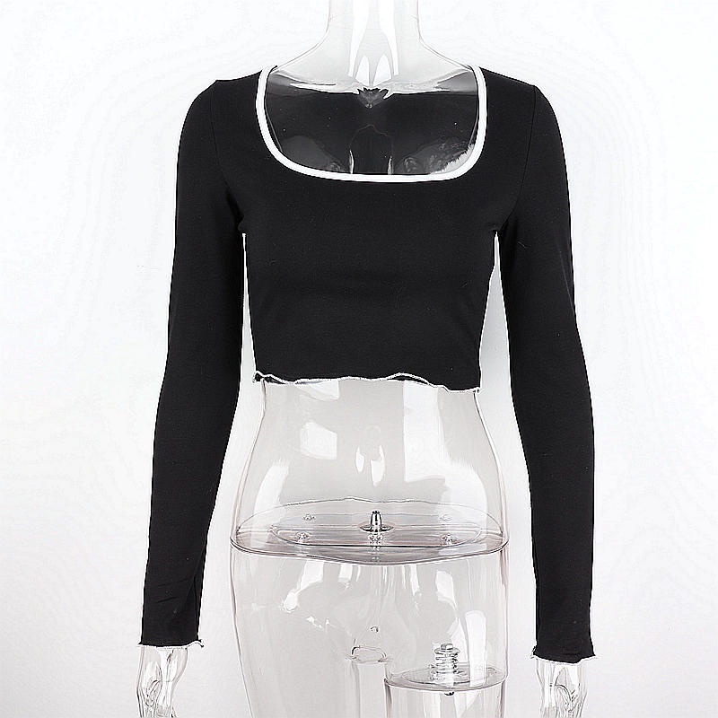 DUNEA Áo Thun Tay Dài Cổ Vuông Màu Sắc Tương Phản Quyến Rũ Cho Nữ 3.3