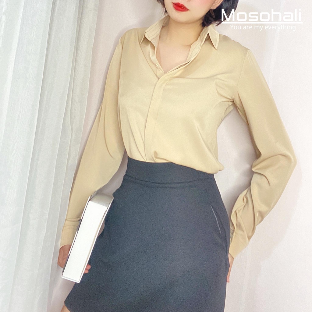Áo sơ mi công sở Mosohali suông nữ chất lụa đẹp kiểu hàn quốc form rộng tay dài cao cấp màu Trắng Be Đen thiết kế Mosoha