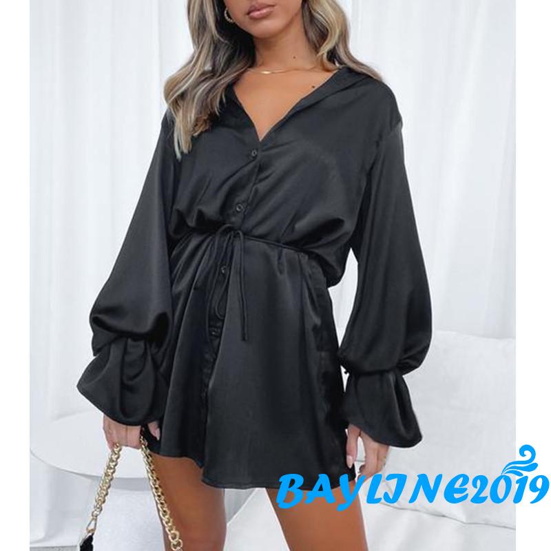 BAY-Đầm sơ mi cổ bẻ tay loe màu trơn cột dây một hàng nút thời trang mùa hè cho nữ 5 màu tùy chọn