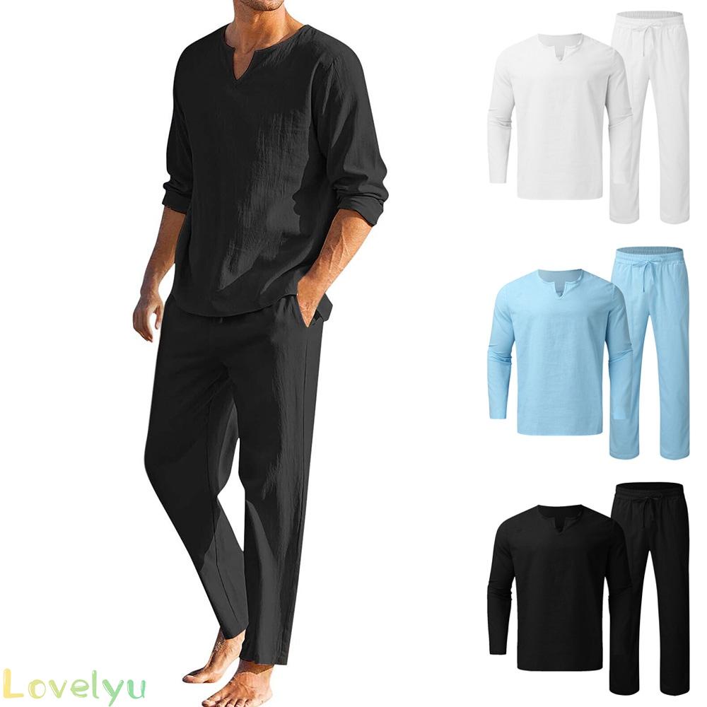 &lt;READY STOCK&gt;Men Shirt Pants 2-Pieces Set Cotton Linen Long Sleeve Solid Color V Neck100% brand new！