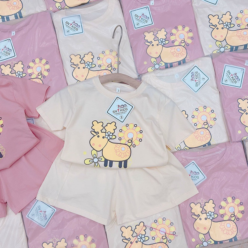 Bộ Quần Áo Trẻ Em Cộc Tay In Hình Cừu Hoa Vải Cotton Siêu Đáng Yêu Dễ Thương Cho Bé Gái Từ 7-19kg Mã CT51