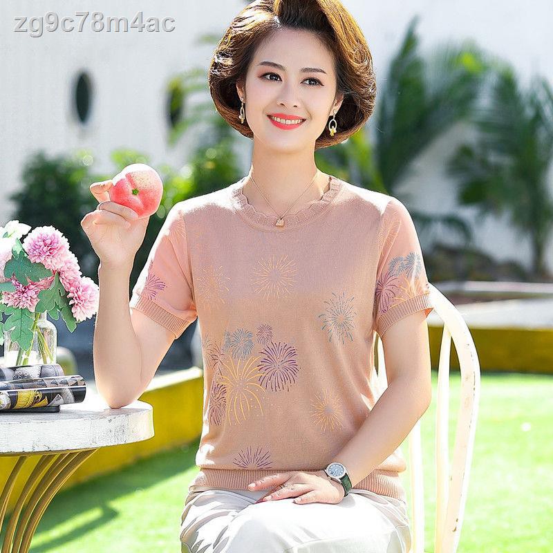 Mom summer ice silk top 2021 áo thun ngắn tay mới sơ mi nữ cổ tròn thời trang trung niên và cao tuổi