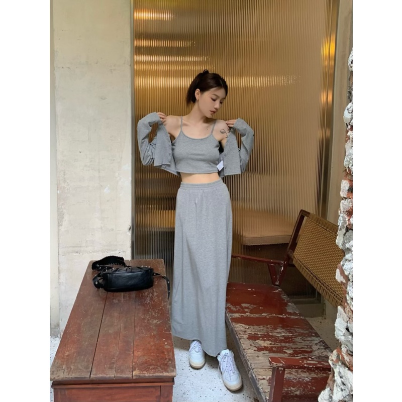 「MOTEL7」Set Áo Hai Dây Màu Xám + Áo Khoác Cardigan Dài Tay + Chân Váy Ngắn Lưng Thun Dài Qua Gối Phong Cách Mỹ Dễ Phối Đồ