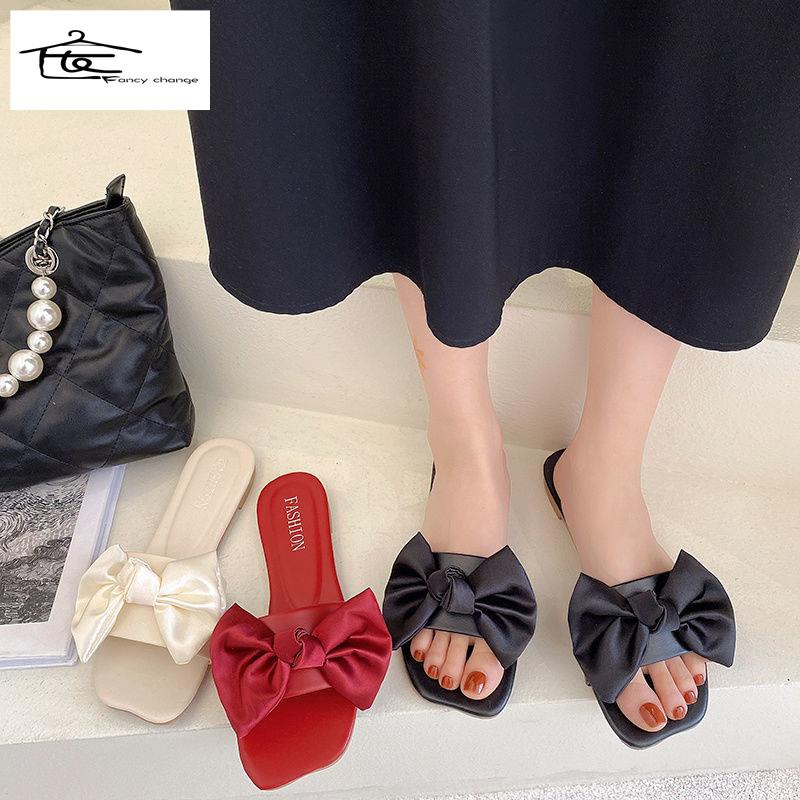 Dép Sandal Đế Bằng Đính Nơ Phong Cách Hàn Quốc Thời Trang Mùa Hè Xinh Xắn