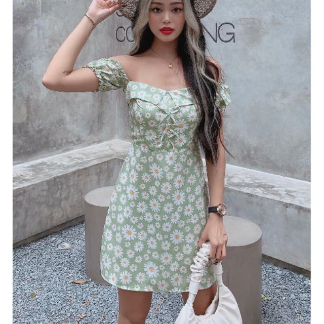 Đầm hoa cúc 3 nơ kèm ảnh thật