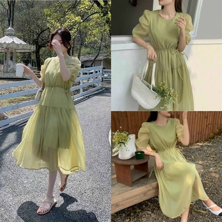 Đầm midi xanh lá voan tơ rút eo