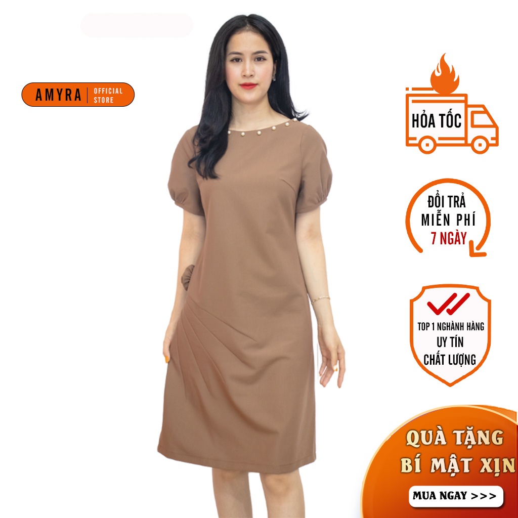 Đầm nữ suông dự tiệc trung niên AMYRA , Váy suông công sở thiết kế hoa eo đính hạt phần...