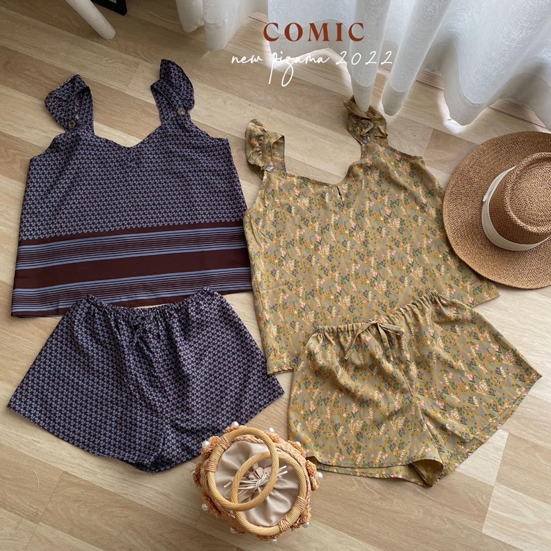 Pizama hai dây vải Silk nhung Comic