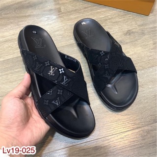 Dép nam quai chéo, kẹp tông, sandal Lv hoa đen-nâu