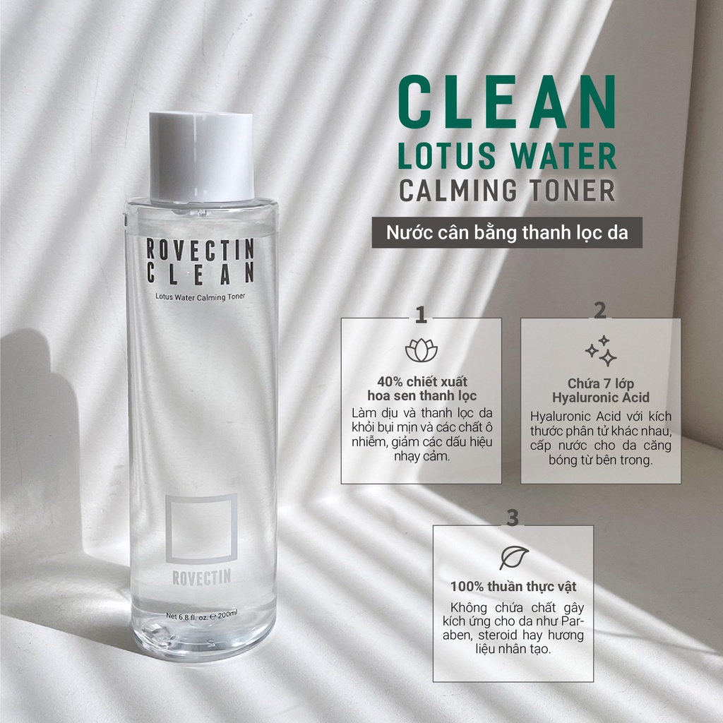 Toner làm dịu chiết xuất hoa sen ROVECTIN Clean Lotus Water Calming Toner 200ml